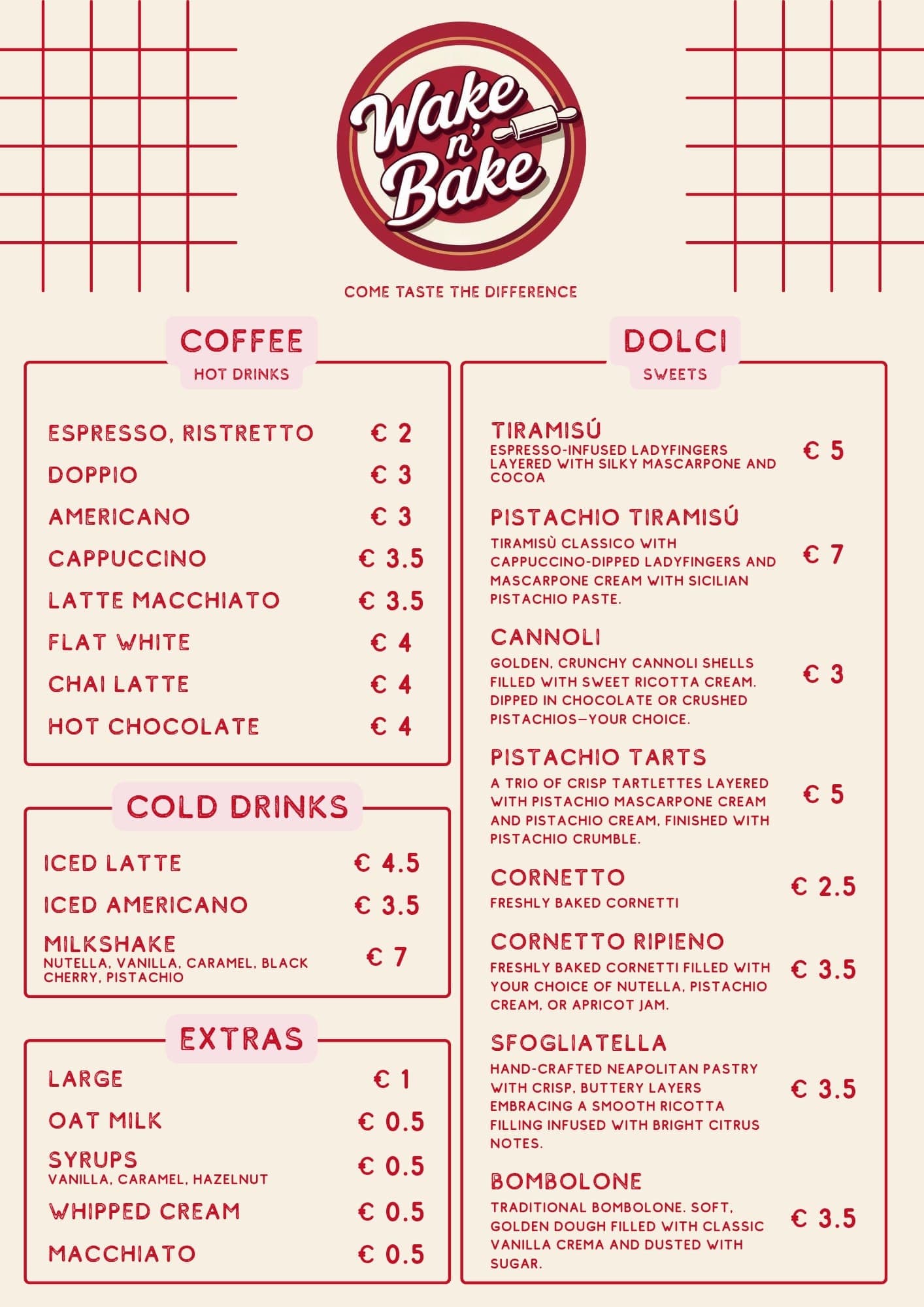 Wake N' Bake Menu